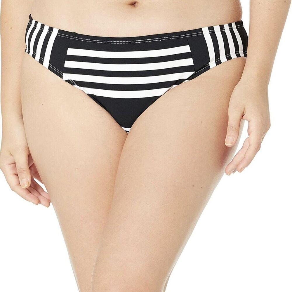 La Blanca NWT Black & White Fine Line Side Shirred Hipster Bikini Bottom US 14